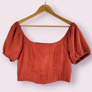 KIRIOUS Off Shoulder Crop Top Size L Puff Sleeve Lined Smocked Back Faux Corset